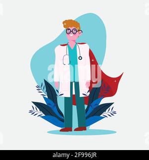 super doctor male with hero cloak and shield in landscape Stock Vector ...