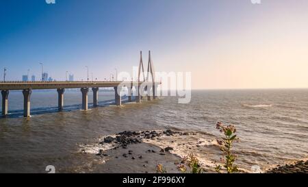 The Bandra-Worli Sea Link, officially called Rajiv Gandhi Sea Link, is a cable-stayed bridge that links Bandra in the Western Suburbs of Mumbai with W Stock Photo