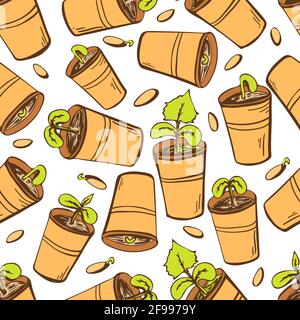 Seamless pattern with seedling pots on a white isolated doodle-style background. Vector illustration Stock Vector
