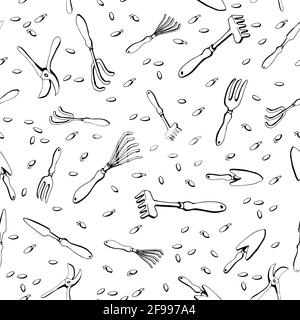 Seamless pattern with garden tools on a white isolated background in doodle style. Vector illustration Stock Vector