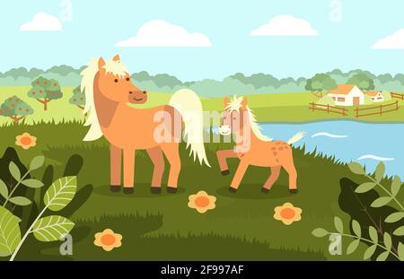 A horse with a foal on the background of a rural landscape in a flat style. Vector illustration Stock Vector
