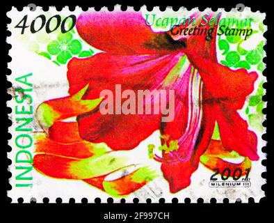 MOSCOW, RUSSIA - NOVEMBER 4, 2019: Postage stamp printed in Indonesia shows Flower, serie, 4000 Rp - Indonesian rupiah, circa 2001 Stock Photo