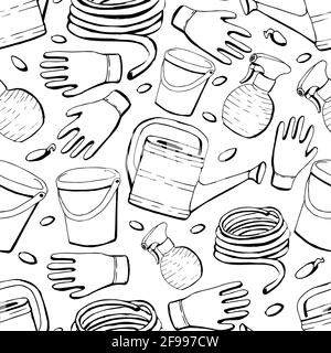 Seamless pattern with garden tools on a white isolated background in doodle style. Vector illustration Stock Vector