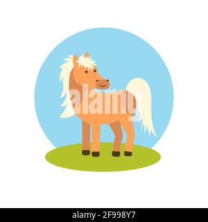 A horse on the lawn against the sky in a flat style. Icon on a white isolated background. Vector illustration Stock Vector