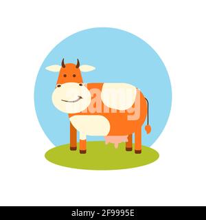 Cow on the lawn against the sky in flat style. Icon. Vector illustration Stock Vector