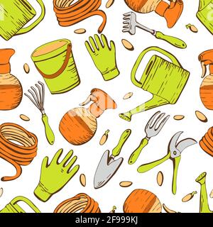 Seamless pattern with garden tools on a white isolated background in doodle style. Vector illustration Stock Vector