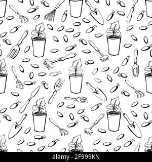 Seamless pattern with garden tools on a white isolated background in doodle style. Vector illustration Stock Vector