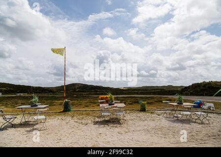 Bam-bus - outside area of the restaurant in the dunes in front of the Elbow, Sylt island, Germany, Europe, Stock Photo