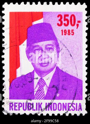 MOSCOW, RUSSIA - NOVEMBER 4, 2019: Postage stamp printed in Indonesia shows President Suharto, serie, 350 Rp - Indonesian rupiah, circa 1985 Stock Photo