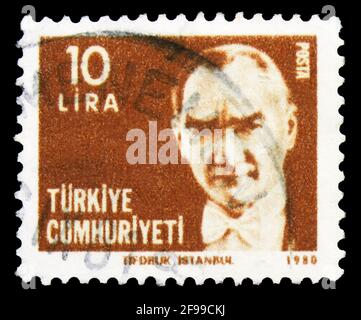 MOSCOW, RUSSIA - NOVEMBER 4, 2019: Postage stamp printed in Turkey shows Kemal Ataturk, Definitive Postage Stamps, Birthday of Ataturk serie, circa 19 Stock Photo