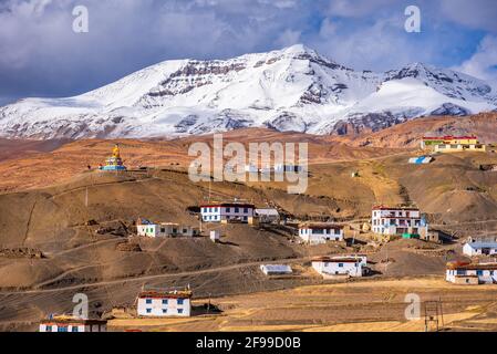 Panoramic view of Langza village in the cold desert valley of Spiti in the Himalayas of Himachal Pradesh, India. It is famous for fossils of marine an Stock Photo