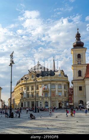 Town hall with town hall square in Hermannstadt (Sibiu), Romania Stock Photo