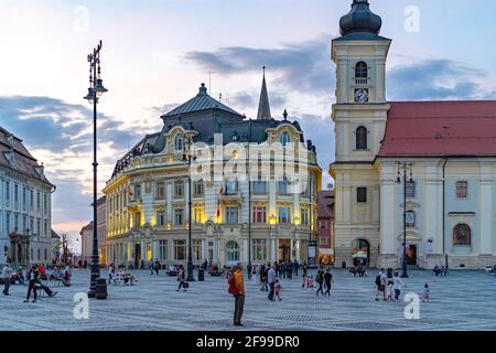 Town hall with town hall square in Hermannstadt (Sibiu), Romania Stock Photo