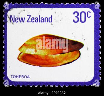 MOSCOW, RUSSIA - NOVEMBER 4, 2019: Postage stamp printed in New Zealand shows Toheroa (Paphies ventricosa), Shells and Snails serie, circa 1978 Stock Photo