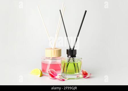 Reed diffusers on white background Stock Photo