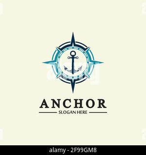 Anchor compass concept icon Logo vector illustration design,Nautical logo template. Flat design style on background. Stock Vector