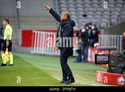 Coach of Montpellier HSC Michel Der Zakarian during the French championship Ligue 1 football match between LOSC and Montpellier HSC on April 16, 2021 at Pierre Mauroy stadium in Villeneuve-d'Ascq near Lille, France - Photo Jean Catuffe / DPPI Stock Photo