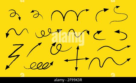 Different types of hand drawn curved arrows on yellow background illustration Stock Vector