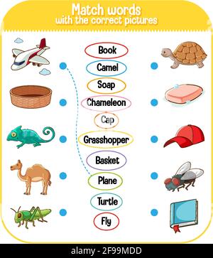 Match words with the correct pictures game for kids illustration Stock Vector