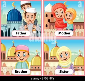 Educational English word card of muslim family members illustration Stock Vector