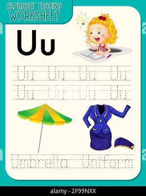 Alphabet tracing worksheet with letter U and u illustration Stock Vector