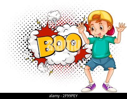 BOO word on bomb explosion with a boy cartoon character isolated illustration Stock Vector