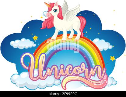 Cartoon character of unicorn standing on rainbow with unicorn font illustration Stock Vector