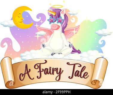A Fairy Tale font with unicorn cartoon character sitting on a cloud illustration Stock Vector