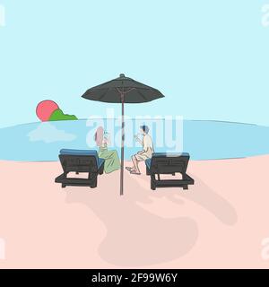 romantic couple dining on the beach at sunset with pastel color illustration vector. Stock Vector