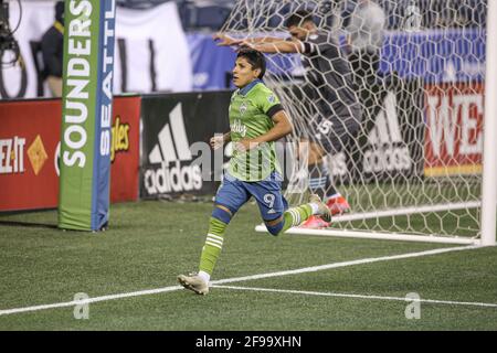 Seattle Sounders FC forward Raul Ruidiaz (9) reacts to scoring a goal during the second half of an MLS match against the Minnesota United FCat Lumen F Stock Photo