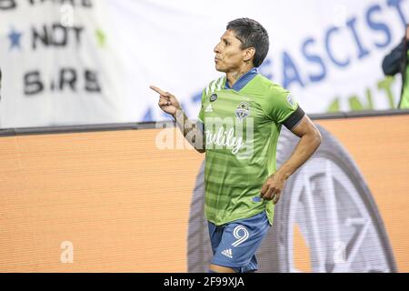 Seattle Sounders FC forward Raul Ruidiaz (9) reacts to scoring a goal during the second half of an MLS match against the Minnesota United FCat Lumen F Stock Photo