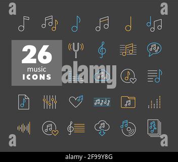 Music notes flat vector icons set on dark background. Graph symbol for music and sound web site and apps design, logo, app, UI Stock Vector
