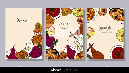 Hand-drawn poster set with traditional Spanish cuisine dish and desserts. Design sketch element for menu cafe, bistro, restaurant, bakery and packagin Stock Vector