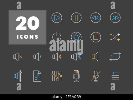 Multimedia user interface flat vector icons set on dark background. Graph symbol for music and sound web site and apps design, logo, app, UI Stock Vector