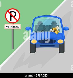 Parking violation ticket fine placed on the car windshield, under wiper. Penalty charge notice,illegal parking.Car is parked to no parking sign.Vector Stock Vector