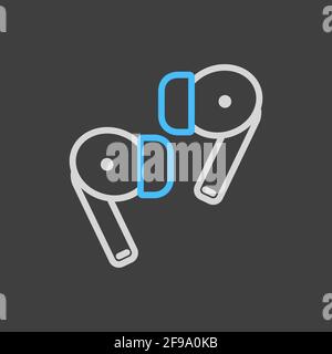 Pair of wireless earbud headphones vector icon on dark background. Graph symbol for music and sound web site and apps design, logo, app, UI Stock Vector