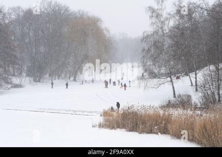 Berlin-Schöneberg, Volkspark Schöneberg, blowing snow, strollers Stock Photo