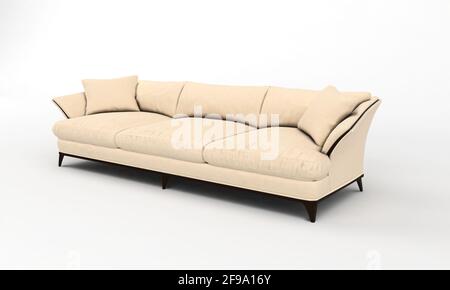 3D rendering of a modern light beige fabric sofa on wooden legs isolated on a white background Stock Photo