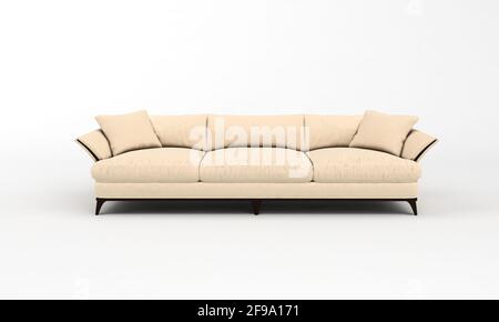 3D rendering of a modern light beige fabric sofa on wooden legs isolated on a white background Stock Photo