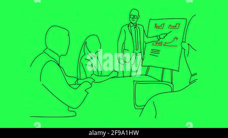 2D illustration - young man in glasses standing near whiteboard and pointing on the chart while his coworkers listening and sitting at the table on gr Stock Photo