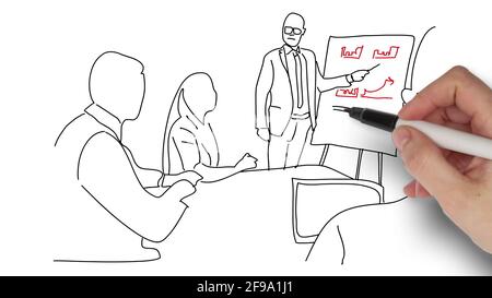 2D illustration - young man in glasses standing near whiteboard and pointing on the chart while his coworkers listening and sitting at the table Stock Photo