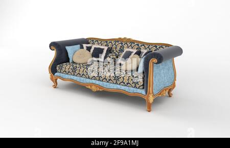 3D rendering of a baroque style sofa in light beige and blue colors isolated on a white background Stock Photo