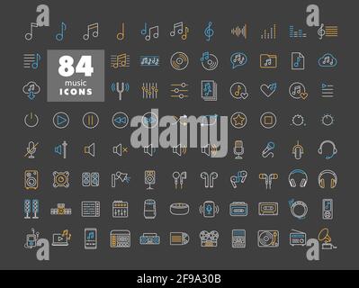 Music vector flat icon set on dark background. Graph symbol for music and sound web site and apps design, logo, app, UI Stock Vector