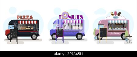 Set of vector food trucks with pizza, donuts and ice cream. Vector flat illustration of a fast food vans on wheels with a striped awning and an Stock Vector