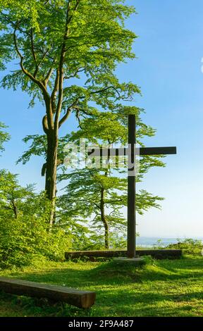 Germany, Baden-Wuerttemberg, Heiligenberg, Friedwald Heiligenberg, natural burial in the Amalienhain. Cross and bench on Bellevueplatz. Stock Photo