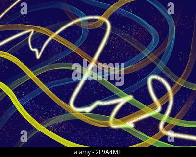 A glowing line flows around multiple tangled colorful ribbons on a dark blue background in this abstract digital painting. Stock Photo