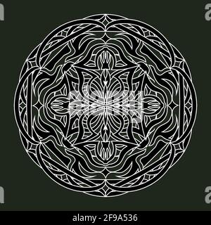 abstract black mandala in medieval style on dark green background Stock Vector