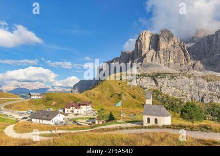 Europe, Italy, South Tyrol, Bolzano. Alpine church in the Gardena pass, South Tyrol, Dolomites Stock Photo