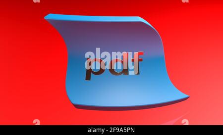 PDF curved blue tag on red background - 3D rendering illustration Stock Photo