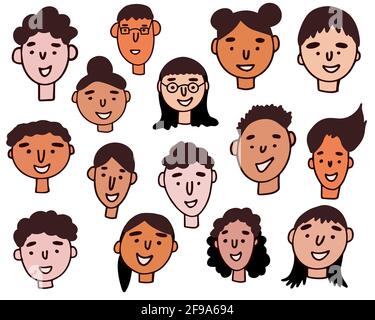 Set of peoples faces.Hand-drawn graphics. Line art. Different men and women. Cartoon characters. Vector illustration Stock Vector